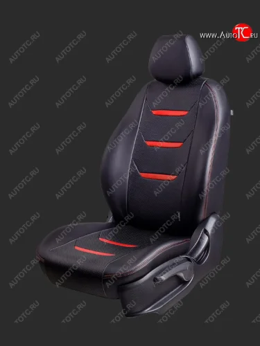 Чехлы для сидений Lord Autofashion Турин 2 (экокожа, спинка 40/60, 3 П-образных подголовника) (Черный, вставка черная/красная, строчка красная) KIA Cerato 4 BD дорестайлинг, хэтчбэк (2018-2021)