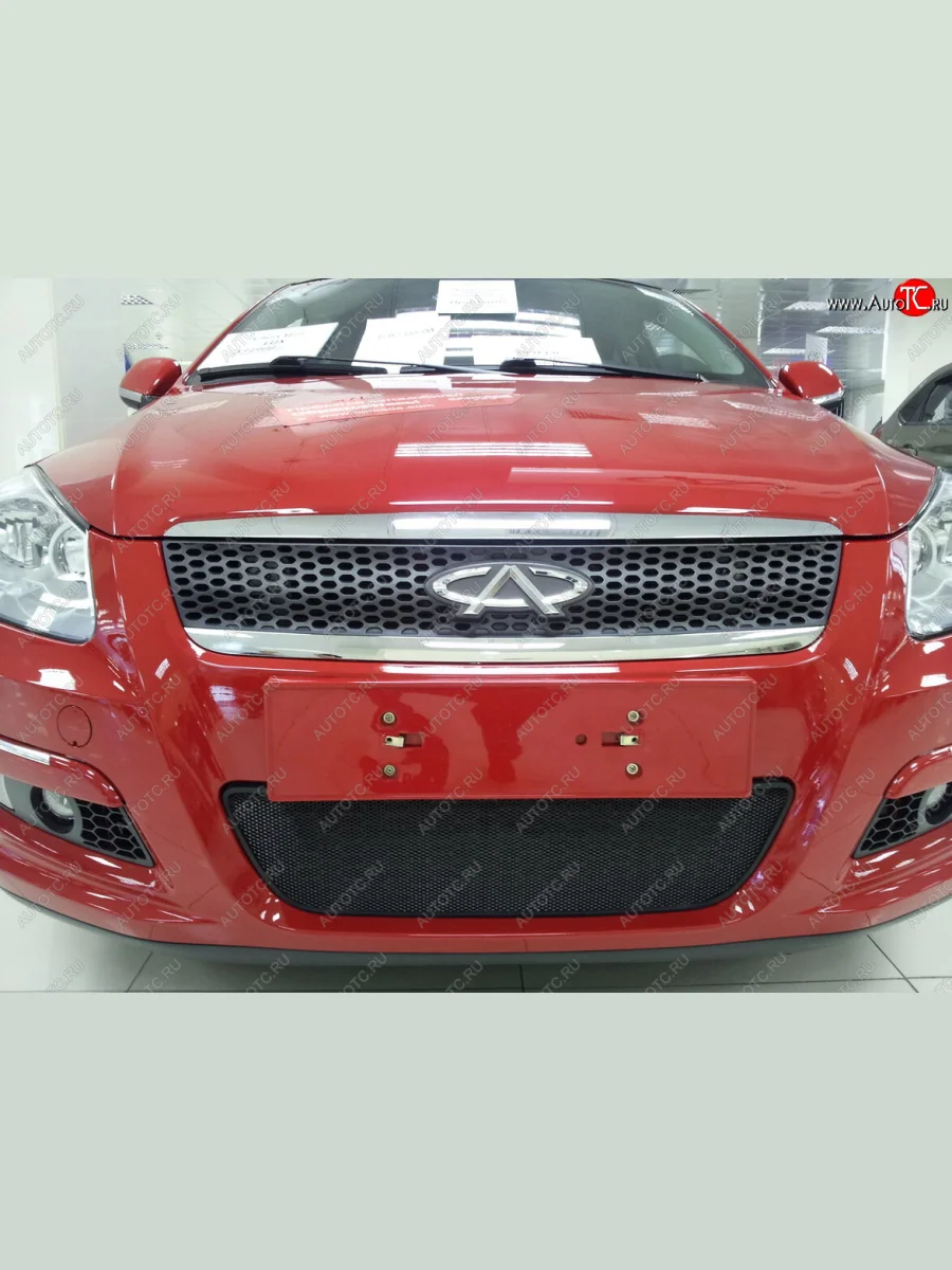 Защитная сетка радиатора в бампер Стрелка 11 Стандарт (алюминий, пластик) Chery M11 A3 хэтчбэк (2008-2017) (Цвет: черный)  с доставкой в г. Керчь