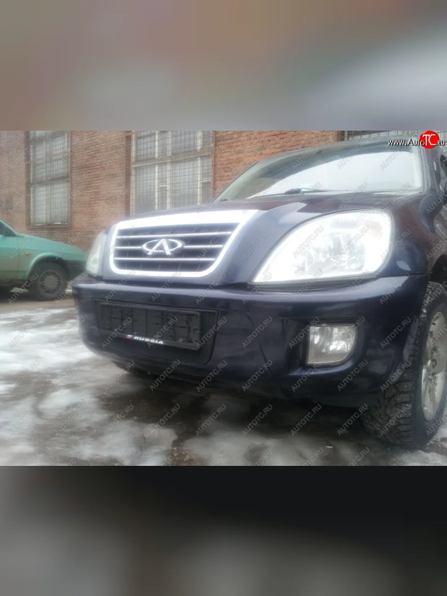 Защитная сетка радиатора в бампер (ячейка 3х7 мм) Стрелка 11 Стандарт Chery Tiggo T11 дорестайлинг (2005-2013) (Цвет: черный)  с доставкой в г. Керчь