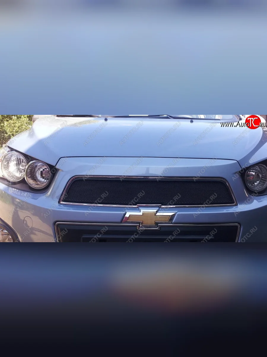 Защитная сетка решетки радиатора Стрелка 11 Стандарт (алюминий/пластик) Chevrolet Aveo T300 хэтчбек (2011-2015) (Цвет: черный)  в Керчи Республика Крым