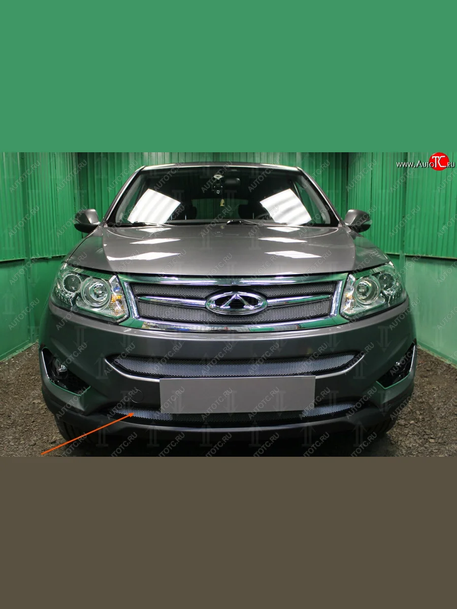Защитная сетка радиатора в бампер Стрелка 11 Стандарт (алюминий, пластик) Chery Tiggo 5 (T21) дорестайлинг (2014-2017) (Цвет: хром)  в Перми Пермском крае