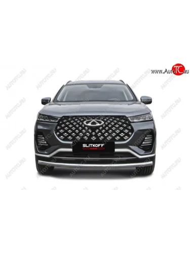 Защита переднего бампера Slitkoff (Ø 57 мм). (Нержавеющая сталь) Chery Tiggo 7 PRO - Tiggo 7 Pro Max  T1E
