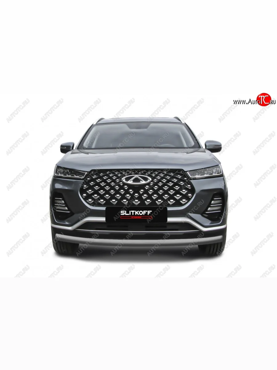 Защита переднего бампера Slitkoff (Ø 57 мм). Chery Tiggo 7 Pro Max T1E дорестайлинг (2022-2025) (Цвет: серебристый)  в Перми Пермском крае