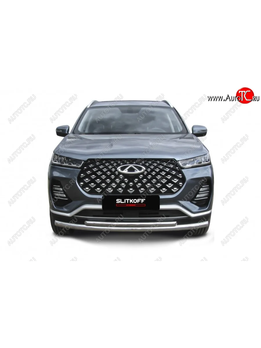 Защита переднего бампера Slitkoff (Ø 57+Ø 42 мм). Chery Tiggo 7 Pro Max T1E дорестайлинг (2022-2025) (Нержавеющая сталь)  в Перми Пермском крае