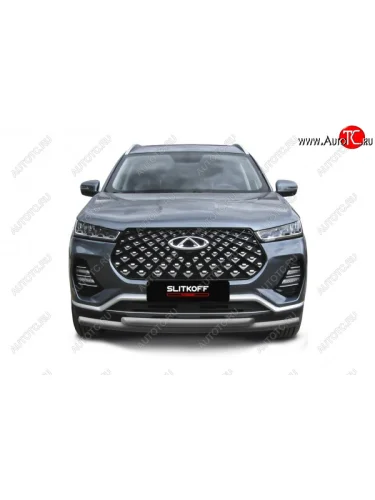 Защита переднего бампера Slitkoff (Ø 57+Ø 42 мм). (Цвет: серебристый) Chery Tiggo 7 PRO - Tiggo 7 Pro Max  T1E