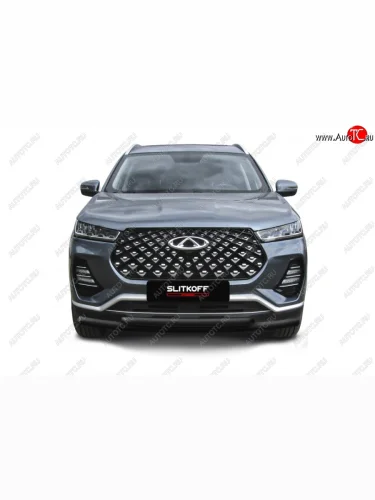 Защита переднего бампера Slitkoff (Ø 57+Ø 42 мм). (Цвет: черный) Chery Tiggo 7 PRO - Tiggo 7 Pro Max  T1E