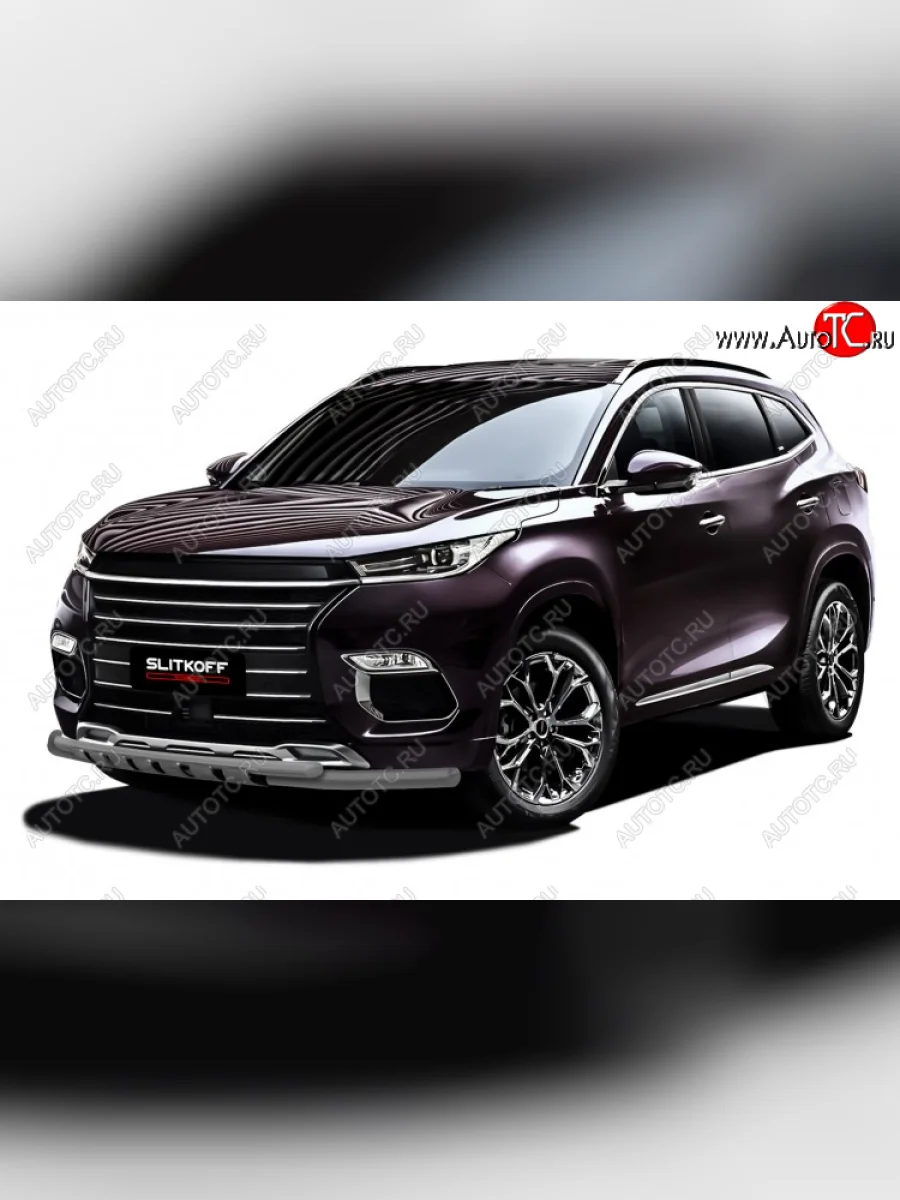 Защита переднего бампера Slitkoff (Ø 57+Ø 42, с декор. элементами). EXEED TXL  дорестайлинг (2020-2021) (Цвет: серебристый)  в Керчи Республика Крым