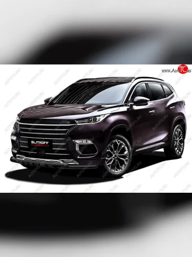 Защита переднего бампера Slitkoff (Ø 57+Ø 42, с декор. элементами). (Цвет: черный) EXEED TXL (2020-2021)  дорестайлинг