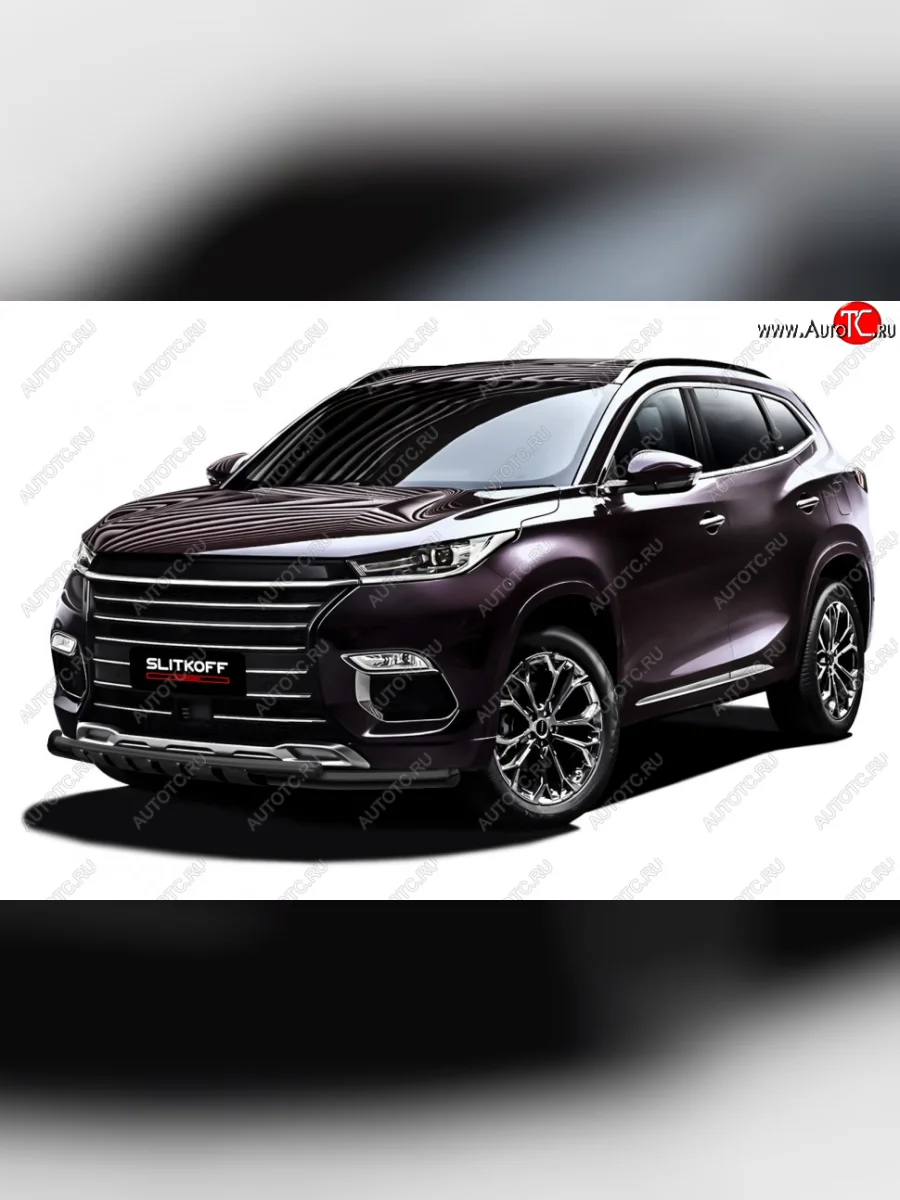 Защита переднего бампера Slitkoff (Ø 57+Ø 42, с декор. элементами). EXEED TXL  дорестайлинг (2020-2021) (Цвет: черный)  в Керчи Республика Крым