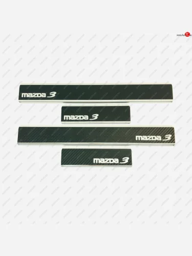 Накладки порожков салона INOX (Нержавеющая сталь + карбон) Mazda 3/Axela BM дорестайлинг, хэтчбэк (2013-2016)