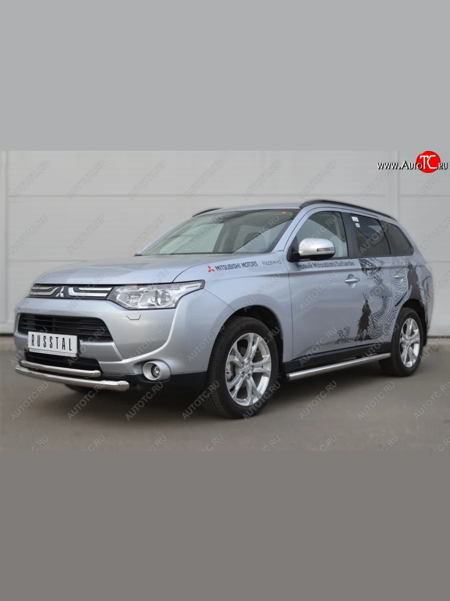 Защита порогов на SLITKOFF (труба D63) Mitsubishi Outlander GF дорестайлинг (2012-2014) (Защита порогов с загрушками на торцах (вариант 2))  в Перми Пермском крае