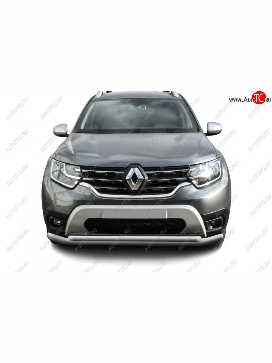 Защита переднего бампера Slitkoff (Ø57 и 42 мм). Renault Duster HM рестайлинг (2021-2024) (Сталь окрашенная, цвет серебристый)  в Керчи Республика Крым