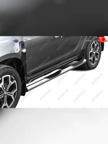 Защита порогов Slitkoff (Ø76 мм, с проступями) (Полированная нержавейка) Renault Duster HM рестайлинг (2021-2024)