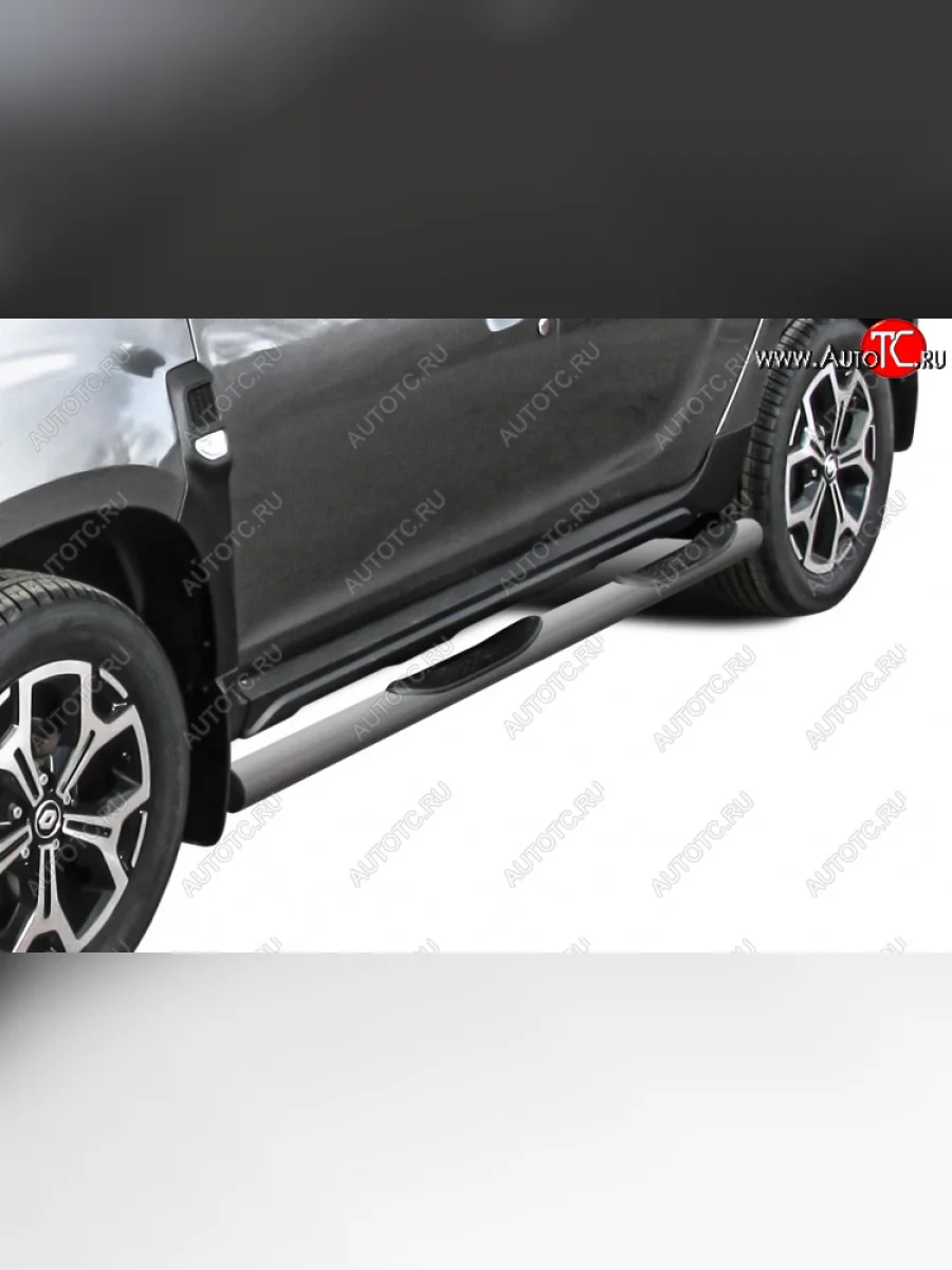 Защита порогов Slitkoff (Ø76 мм, с проступями) Renault Duster HM рестайлинг (2021-2024) (Сталь окрашенная, цвет серебристый)  с доставкой в г. Керчь