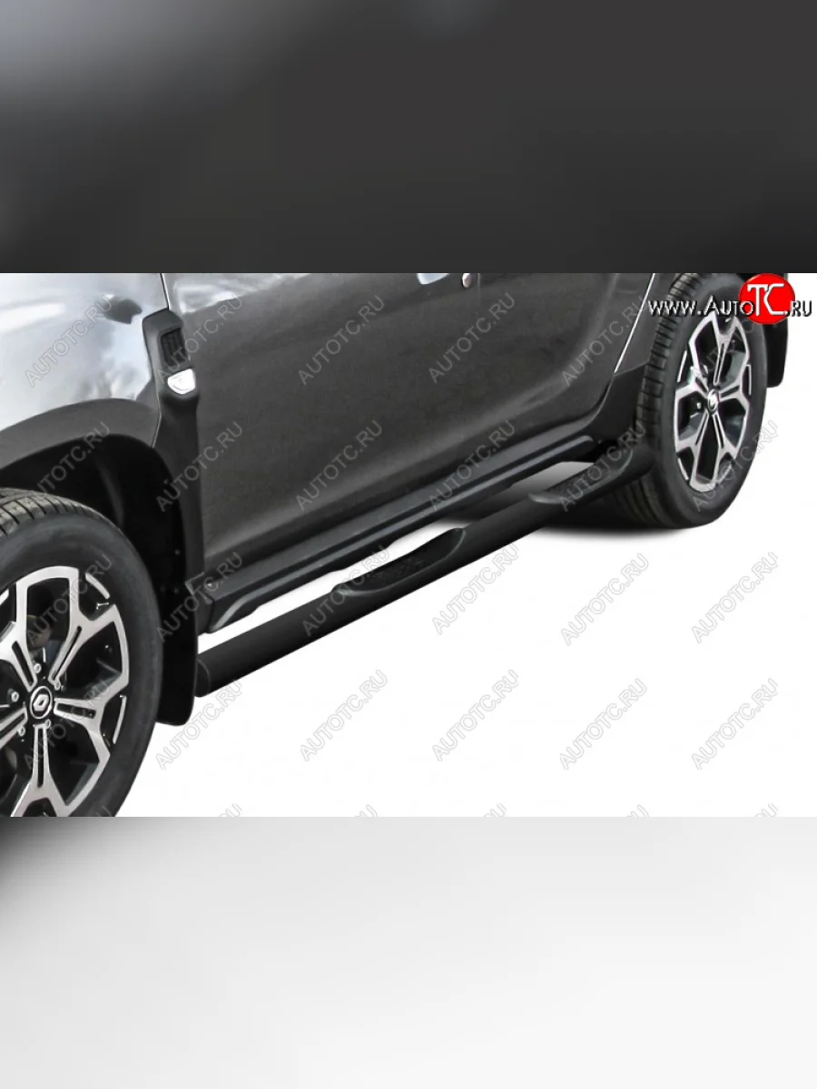Защита порогов Slitkoff (Ø76 мм, с проступями) Renault Duster HM рестайлинг (2021-2024) (СТаль окрашенная, цвет черный)  с доставкой в г. Керчь