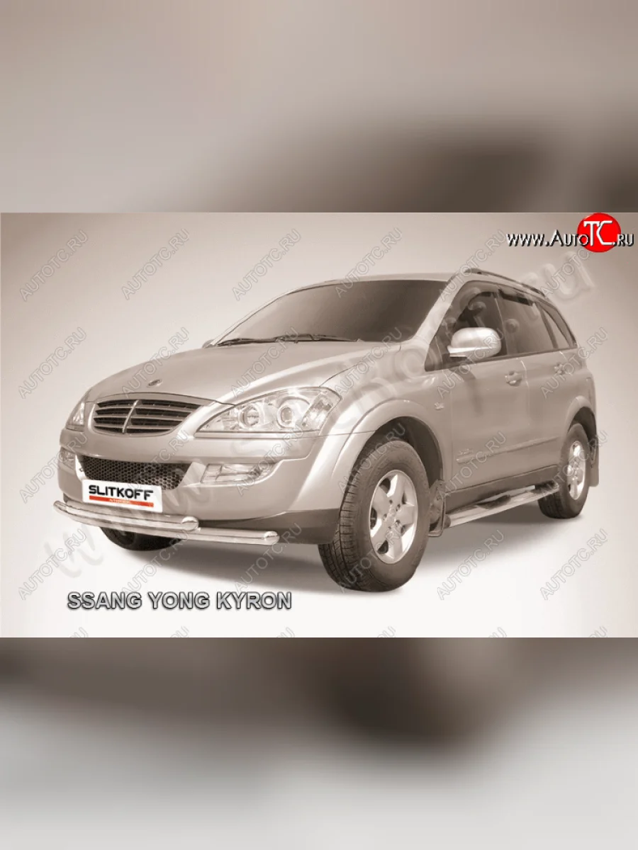 Защита переднего бампера Slitkoff (Ø57+57 мм). SSANGYONG Kyron рестайлинг (2007-2016) (полированная нержавейка)  с доставкой в г. Керчь