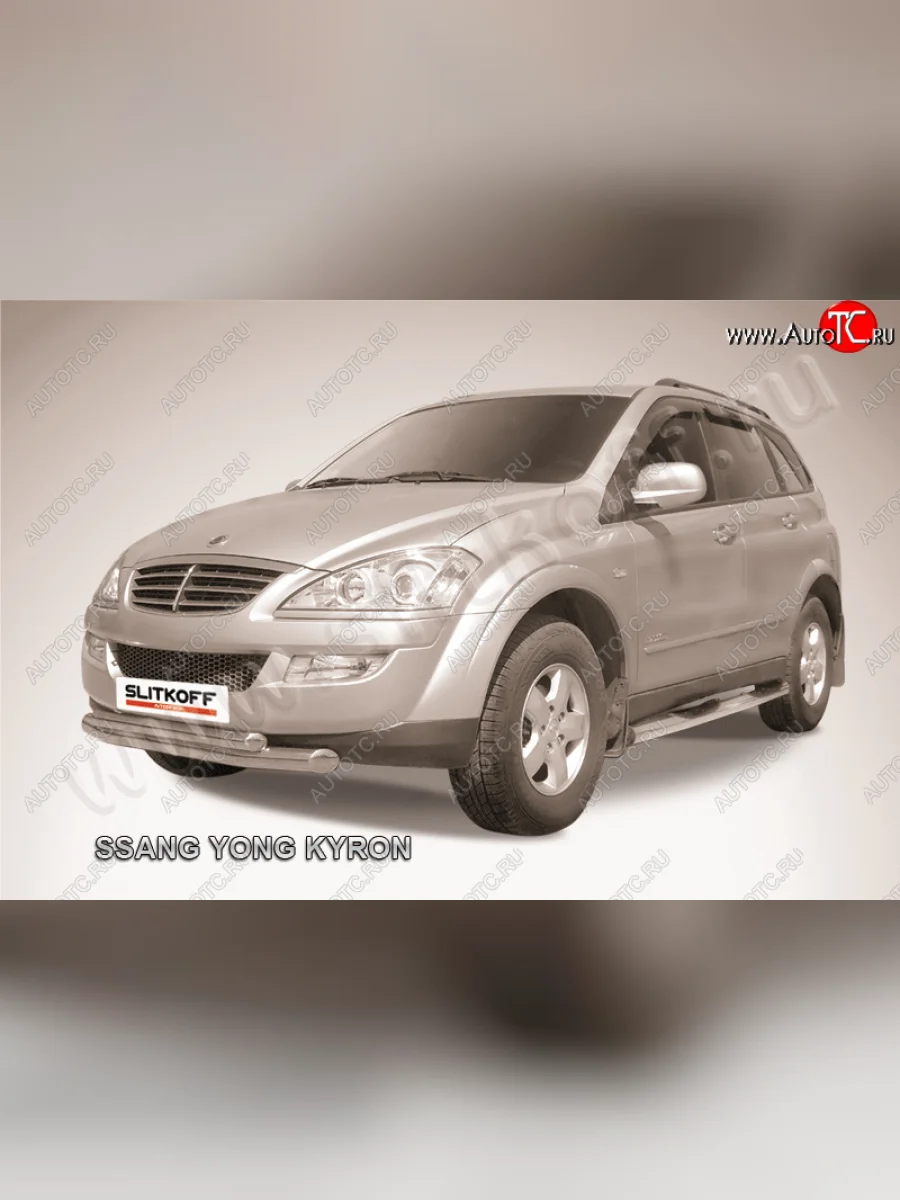 Защита переднего бампера Slitkoff (Ø76+57 мм). SSANGYONG Kyron рестайлинг (2007-2016) (полированная нержавейка)  с доставкой в г. Керчь