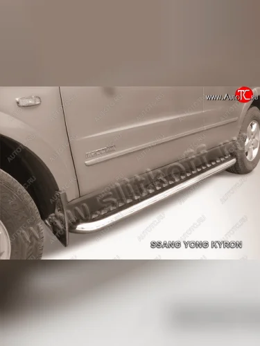 Защита порогов Slitkoff (Ø57 мм с листом) (полированная нержавейка) SSANGYONG Kyron рестайлинг (2007-2016)