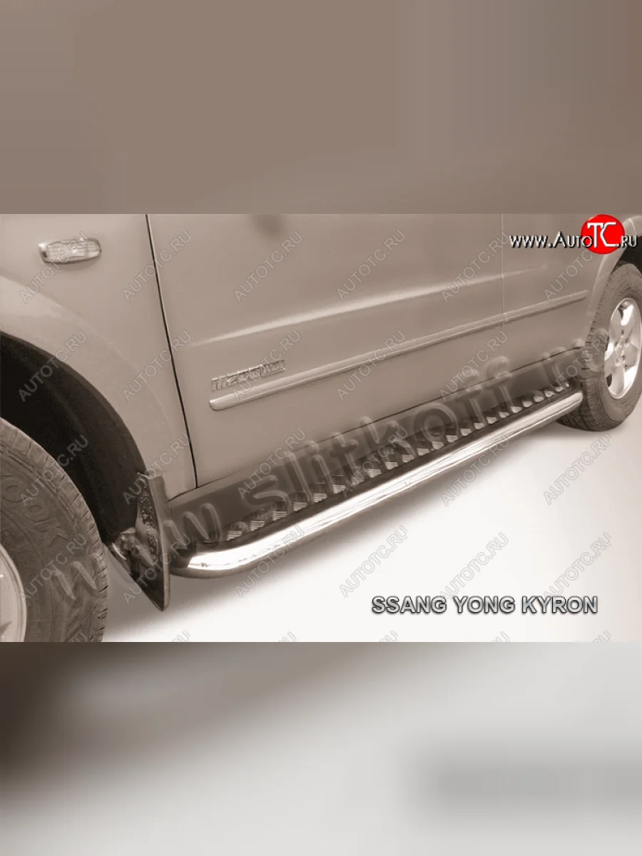Защита порогов Slitkoff (Ø57 мм с листом) SSANGYONG Kyron рестайлинг (2007-2016) (полированная нержавейка)  с доставкой в г. Керчь