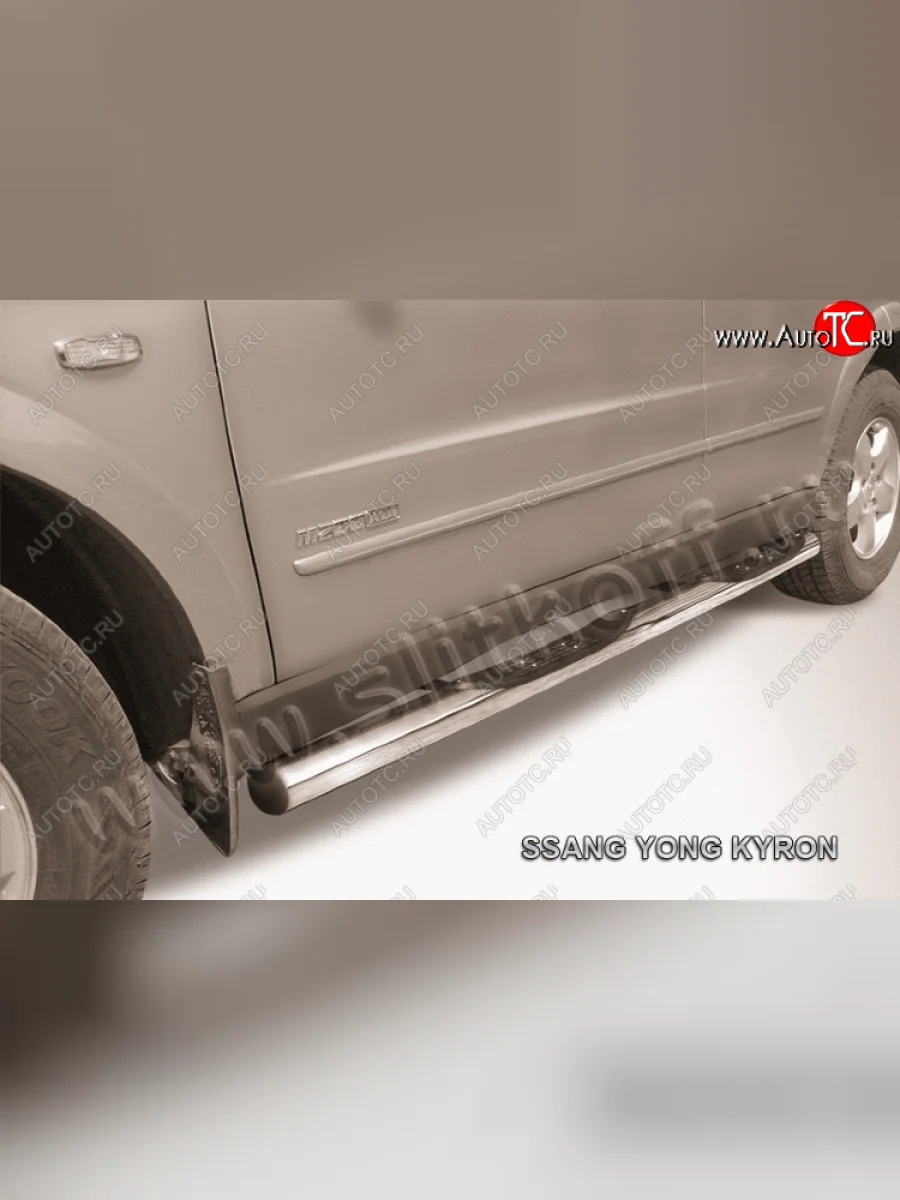 Защита порогов Slitkoff (Ø76 мм, с проступями) SSANGYONG Kyron рестайлинг (2007-2016) (полированная нержавейка)  в Перми Пермском крае
