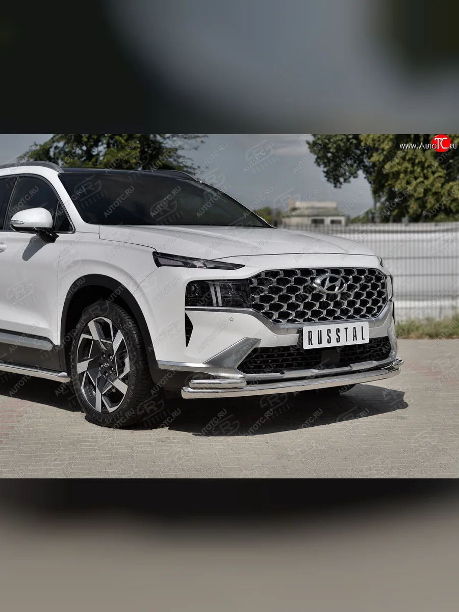 Защита переднего бампера (Ø63 мм с уголками Ø42 мм) SLITKOFF Hyundai Santa Fe TM рестайлинг (2020-2022) (полированная нержавейка)  в Керчи Республика Крым