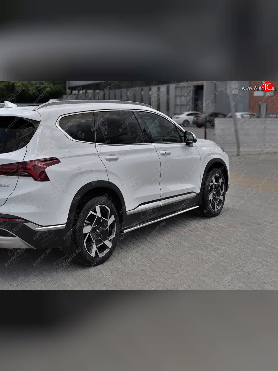 Защита порогов на Russtal (Ø75x42 мм, с проступью) Hyundai Santa Fe TM рестайлинг (2020-2022) (полированная нержавейка)  в Керчи Республика Крым