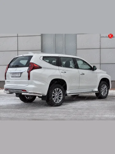 Защита заднего бампера (2 трубы Ø63 и 42 мм, уголки, нержавейка) SLITKOFF Mitsubishi Pajero Sport  QF (2019-2022) рестайлинг
