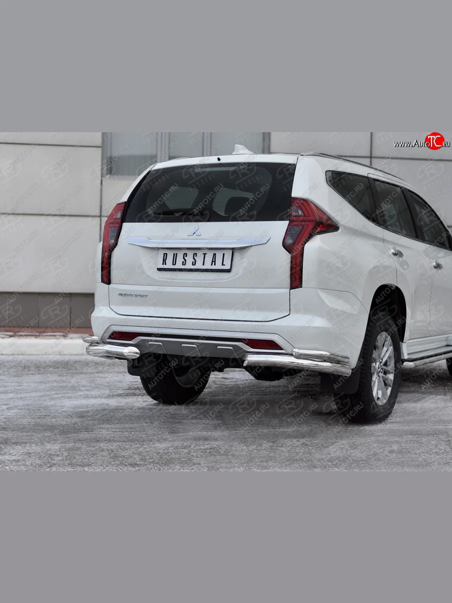 Защита заднего бампера (2 трубы Ø76 и 42 мм уголки, нержавейка) Mitsubishi Pajero Sport QF рестайлинг (2019-2022) (полированная нержавейка)  в Самаре Самарской области