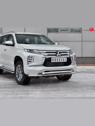 Защита переднего бампера (2 трубы Ø63 и 42 мм, нержавейка) SLITKOFF Mitsubishi Pajero Sport  QF (2019-2022) рестайлинг