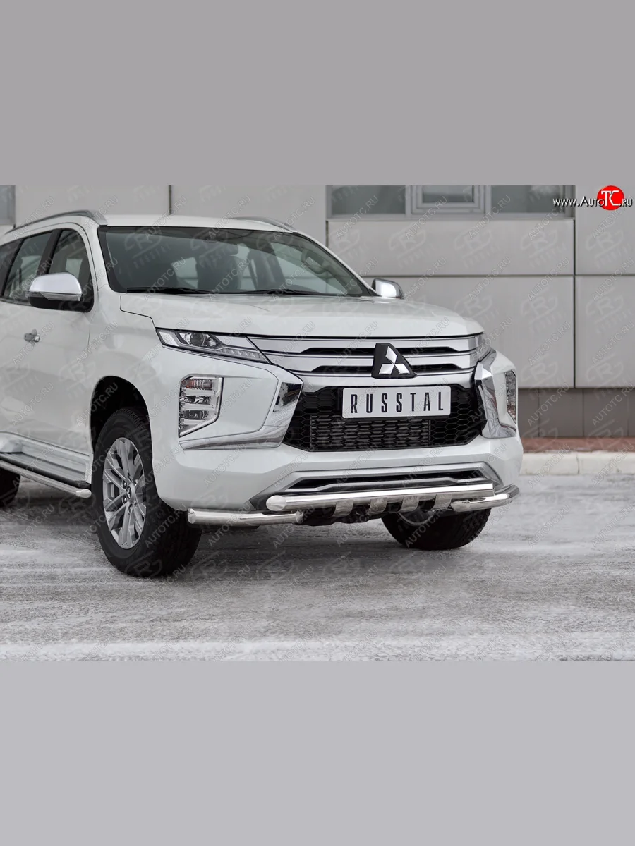 Защита переднего бампера SLITKOFF (Ø63 мм с уголками, нержавейка) Mitsubishi Pajero Sport QF рестайлинг (2019-2022)  в Самаре Самарской области