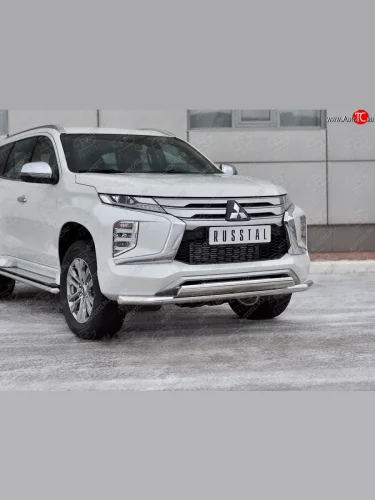 Защита переднего бампера (2 трубы Ø63 и 75х42 мм, нержавейка) SLITKOFF Mitsubishi Pajero Sport  QF (2019-2022) рестайлинг