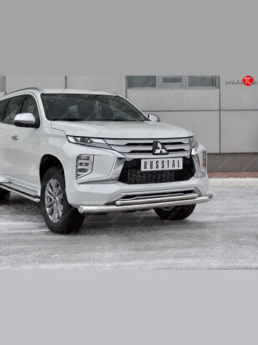Защита переднего бампера (2 трубы Ø76 и 42 мм, нержавейка) SLITKOFF Mitsubishi Pajero Sport  QF (2019-2022) рестайлинг