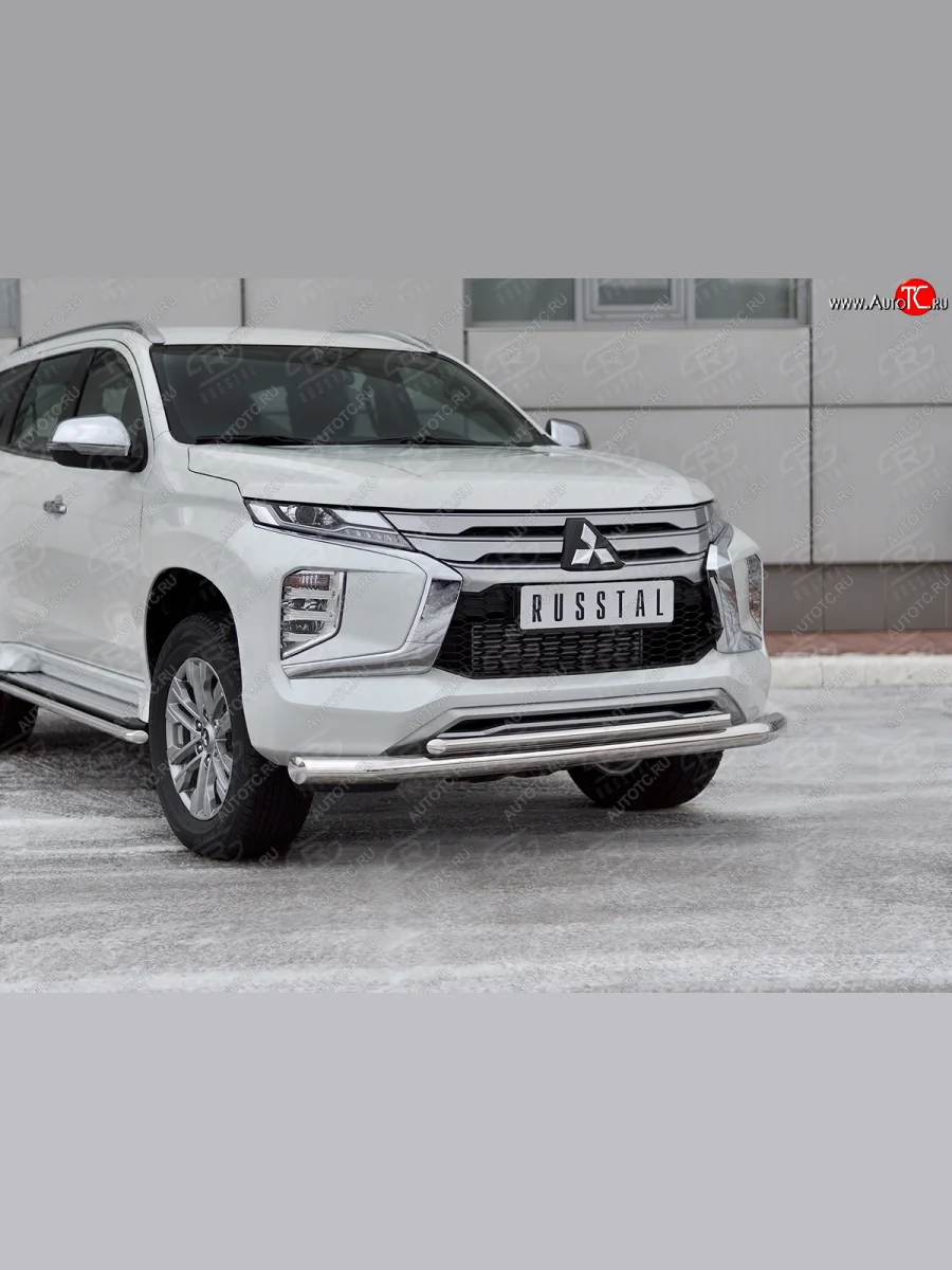 Защита переднего бампера (2 трубы Ø76 и 42 мм, нержавейка) SLITKOFF  Mitsubishi Pajero Sport (2019-2022) QF  в Воронеже Воронежской области