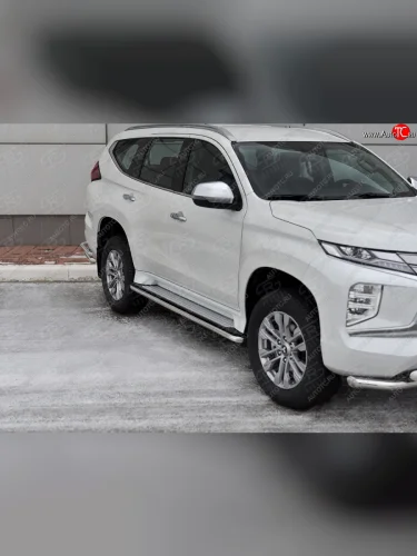 Защита порогов на SLITKOFF (Ø42 мм) (полированная нержавейка) Mitsubishi Pajero Sport  QF (2019-2022) рестайлинг