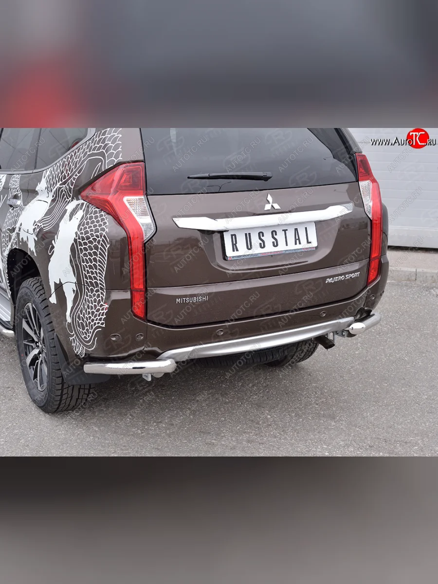 Защита заднего бампера (Ø63 мм уголки под фаркоп, нержавейка) SLITKOFF Mitsubishi Pajero Sport QE дорестайлинг (2015-2021) (полированная нержавейка)  в Самаре Самарской области