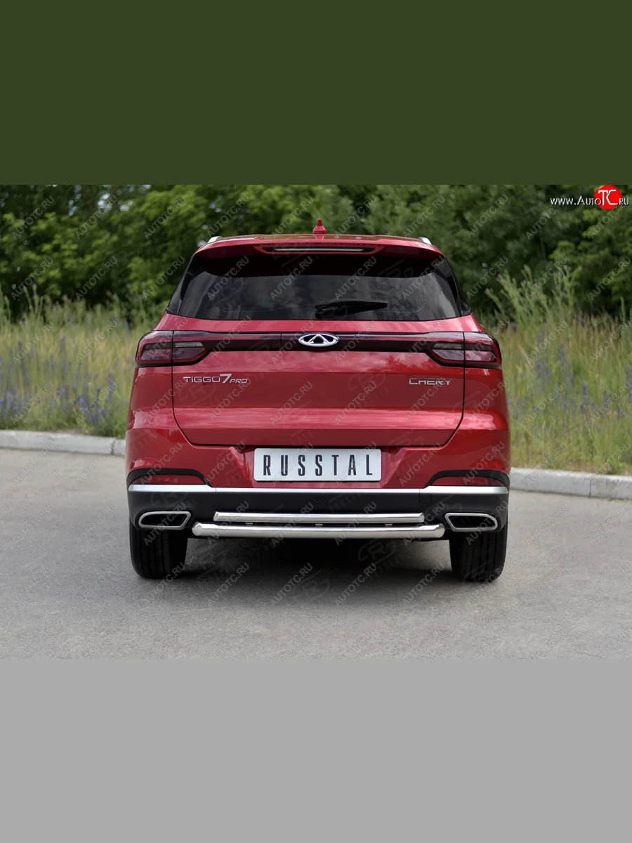 Защита заднего бампера (2 трубы Ø63 и 42 мм, нержавейка) SLITKOFF  Chery Tiggo 7 PRO (2019-2025) (полированная нержавейка)  с доставкой в г. Самара