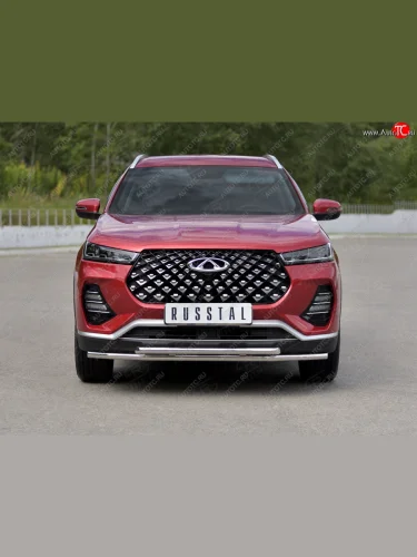 Защита переднего бампера (2 трубы Ø42 мм, нержавейка) SLITKOFF Chery Tiggo 7 PRO (2019-2025)