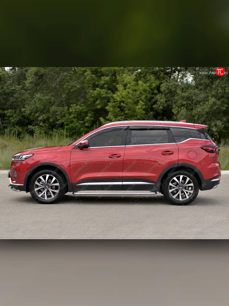 Порожки для ног SLITKOFF (Ø42 мм, с алюминиевым листом)  Chery Tiggo 7 PRO (2019-2025) (Профиль - нержавейка, лист - алюминий)  в Воронеже Воронежской области