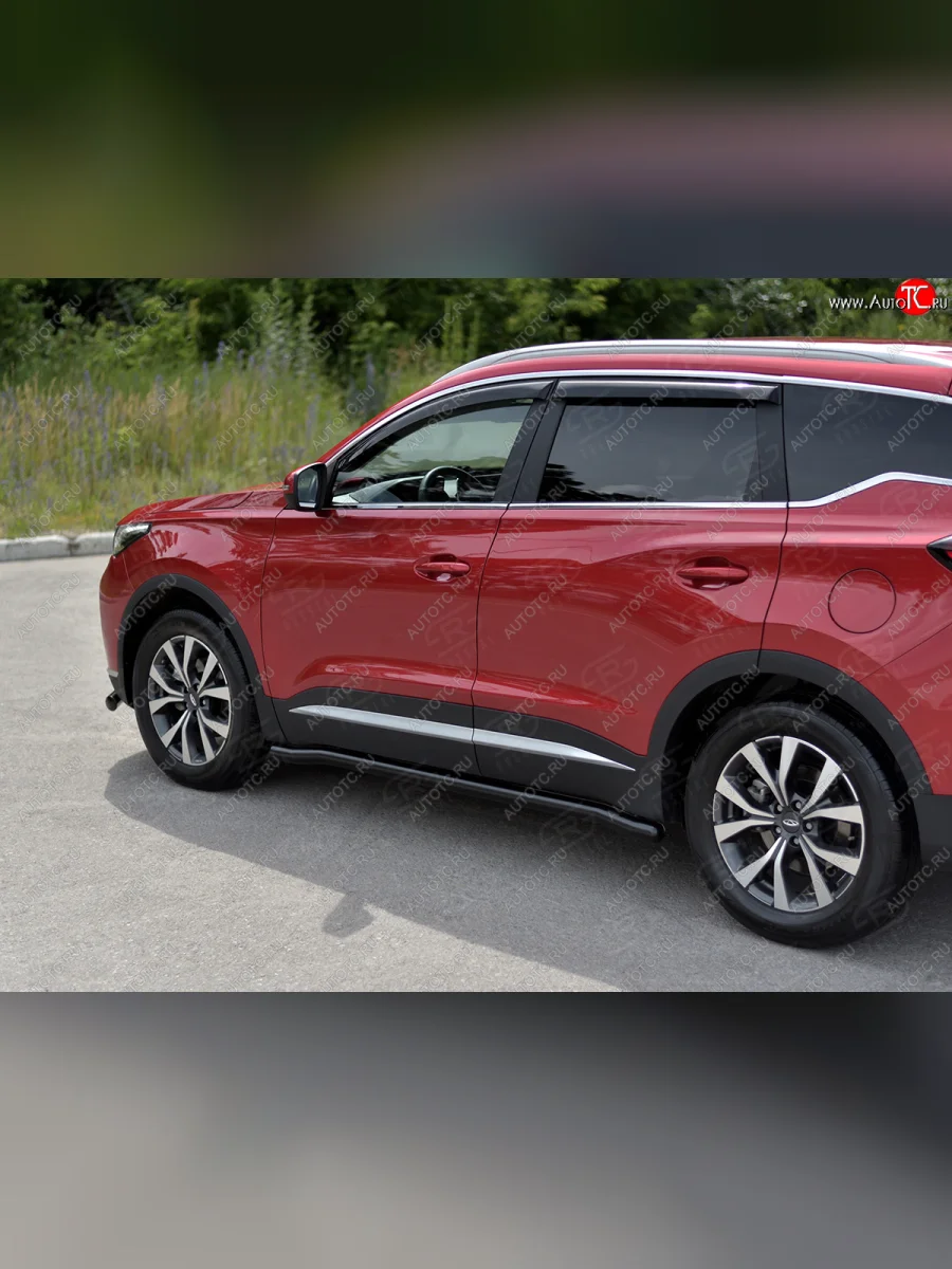 Защита порогов (Ø63 мм, с полимерным покрытием) SLITKOFF Chery Tiggo 7 PRO (2019-2025) (круглые торцы, черный)  в Перми Пермском крае