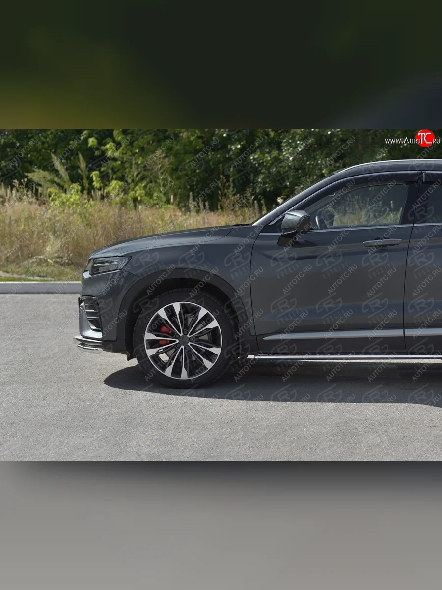 Защита переднего бампера (2 трубы Ø42 мм, нержавейка) SLITKOFF  Geely Tugella (2019-2025) FY11,HPBA4 (полированная нержавейка)  в Перми Пермском крае