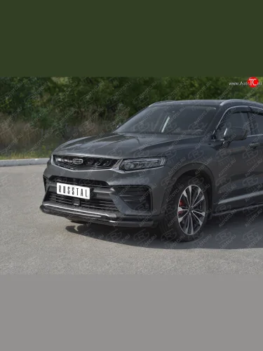 Защита переднего бампера (Ø57/Ø42) SLITKOFF (нержавейка с полимерным покрытием, черный) Geely Tugella  FY11,HPBA4 (2019-2025) дорестайлинг, рестайлинг