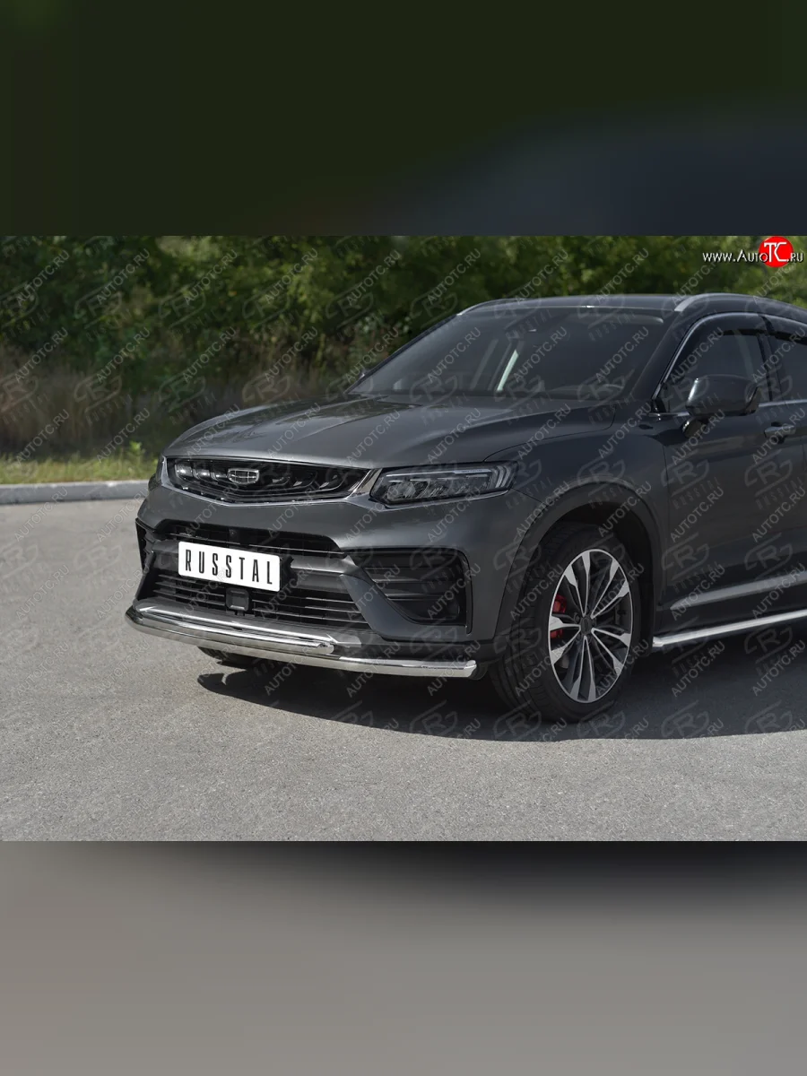 Защита переднего бампера (Ø57/Ø42 мм) SLITKOFF  Geely Tugella (2019-2025) FY11,HPBA4 (нержавейка полированная)  в Самаре Самарской области