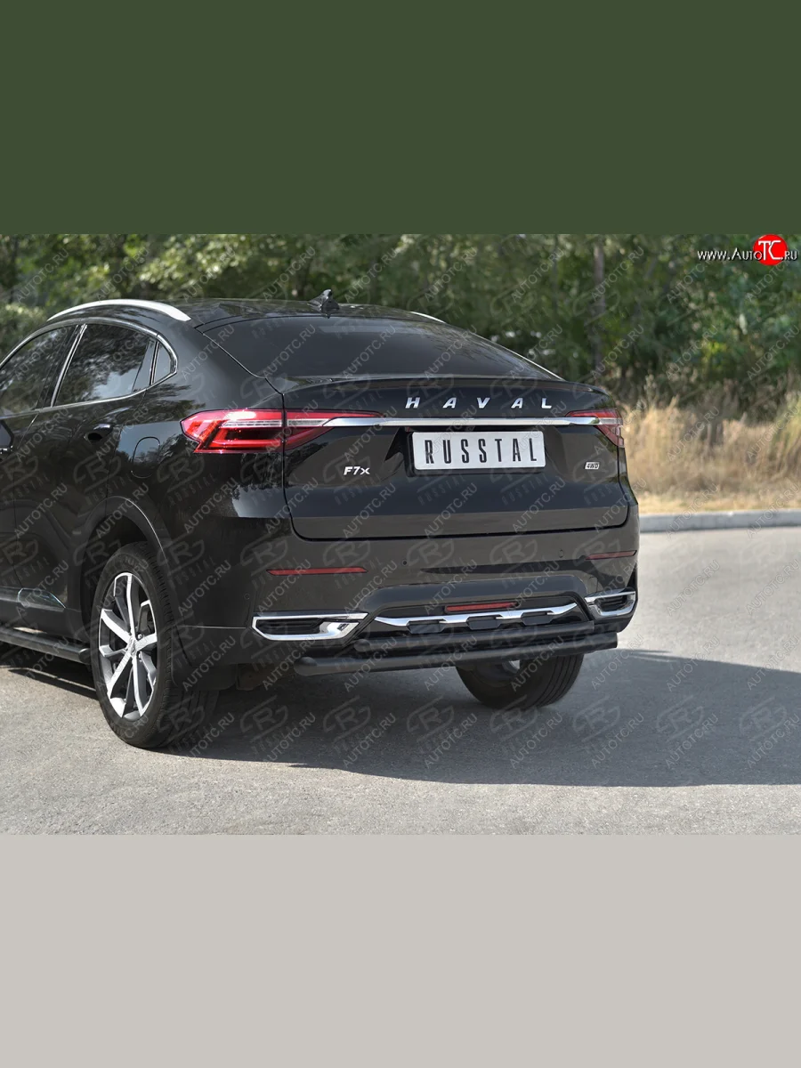 Защита заднего бампера (1.5 4WD Ø57 дуга/Ø42 дуга) Haval F7x дорестайлинг (2019-2022) (нержавейка с полимерным покрытием, черный)  с доставкой в г. Керчь