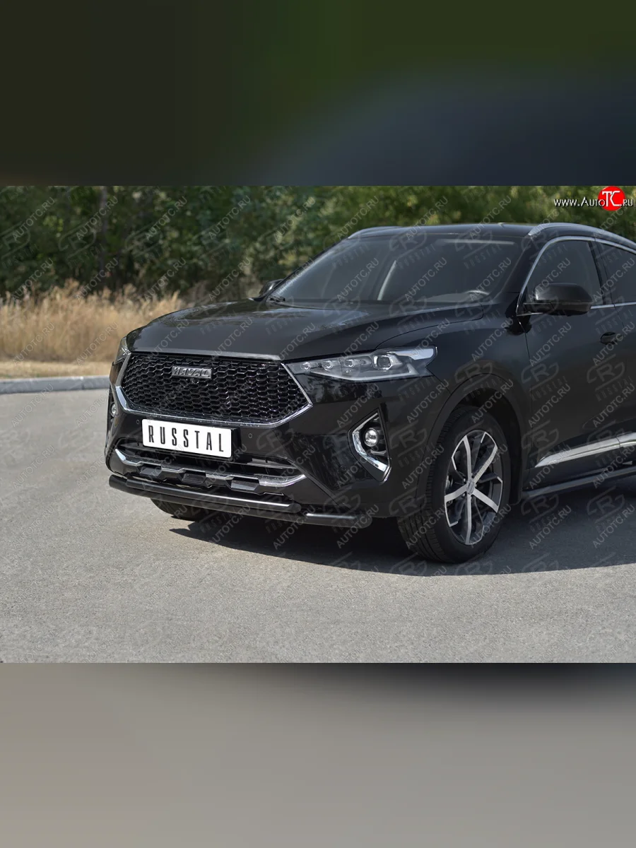 Защита переднего бампера SLITKOFF (Ø57 секции/Ø42 дуга)  Haval F7x (2019-2022) (нержавейка с полимерным покрытием, черный)  с доставкой в г. Керчь
