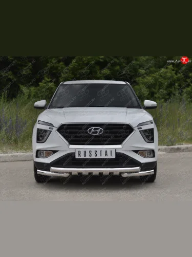 Защита переднего бампера (Ø63 мм с уголками и клыками, нержавейка) SLITKOFF Hyundai Creta  SU (2020-2022)
