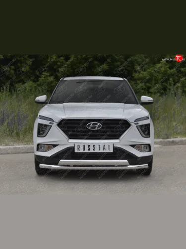 Защита переднего бампера (2 трубы Ø63 и 75х42 мм, нержавейка) SLITKOFF Hyundai Creta  SU (2020-2022)