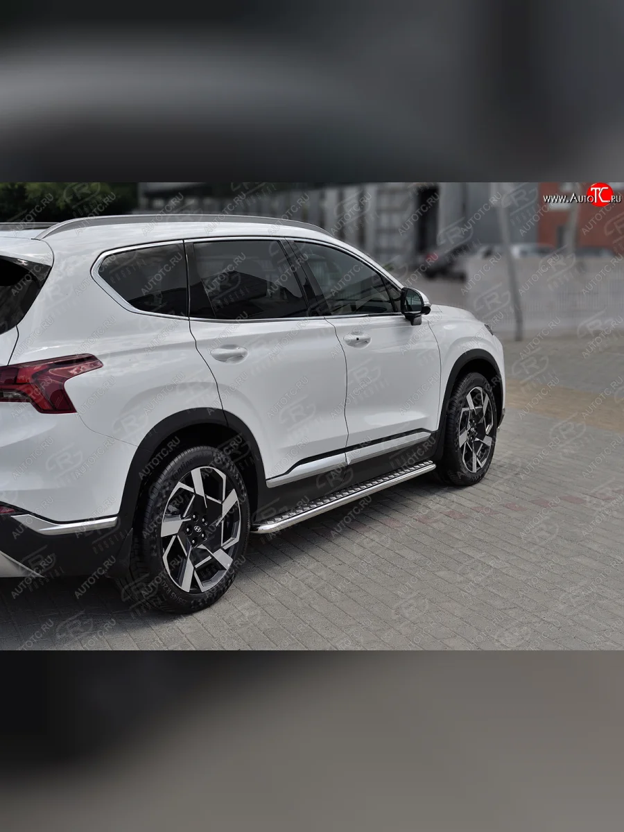 Порожки для ног SLITKOFF (Ø42 мм) Hyundai Santa Fe TM рестайлинг (2020-2022) (лист - алюминий, профиль - нержавейка)  в Самаре Самарской области