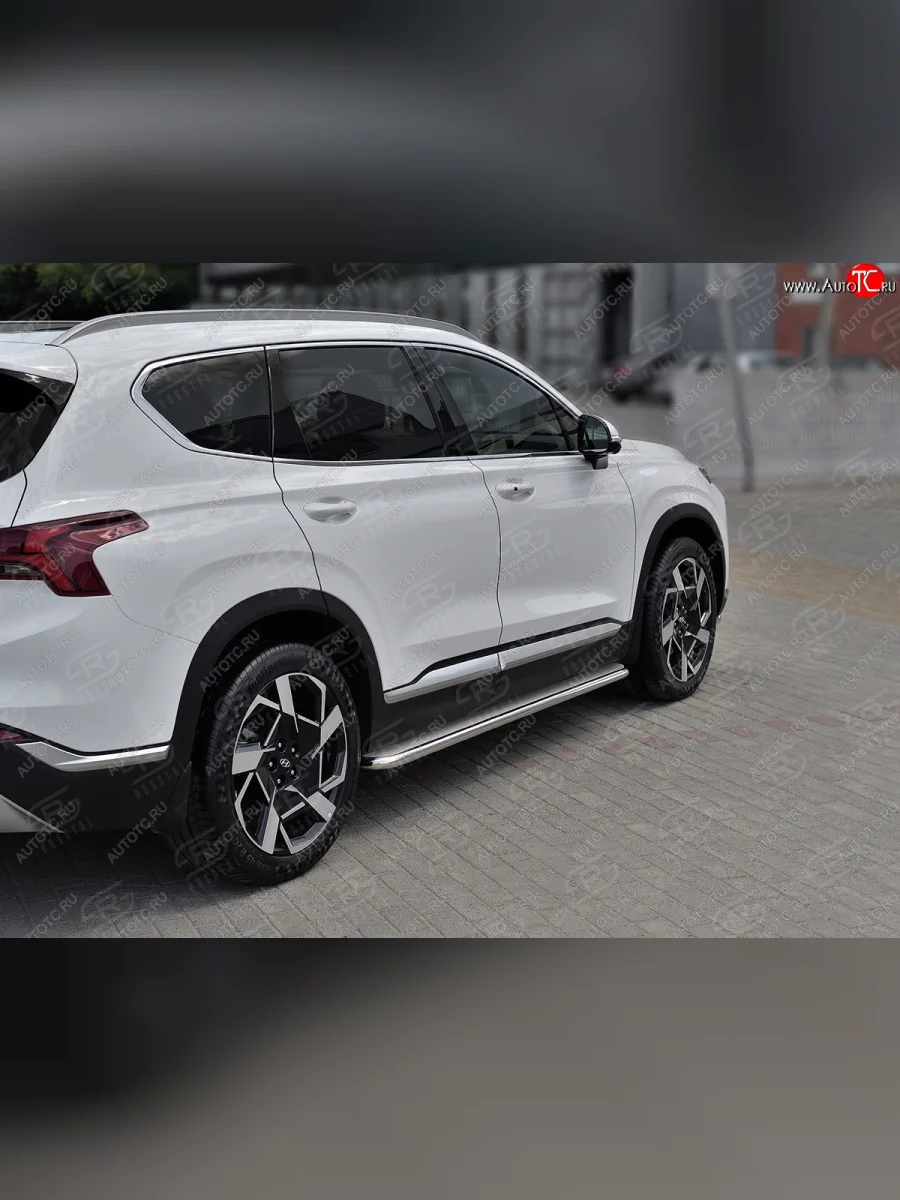 Порожки для ног SLITKOFF (Ø42 мм) Hyundai Santa Fe TM рестайлинг (2020-2022) (лист - нержавейка, профиль нержавейка)  в Керчи Республика Крым