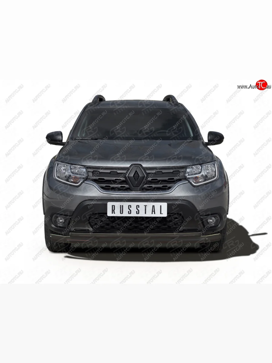 Защита переднего бампера (2 трубы Ø63 и 42 мм) SLITKOFF  Renault Duster (2021-2024) HM (нержавейка с полимерным покрытием, черный)  в Керчи Республика Крым