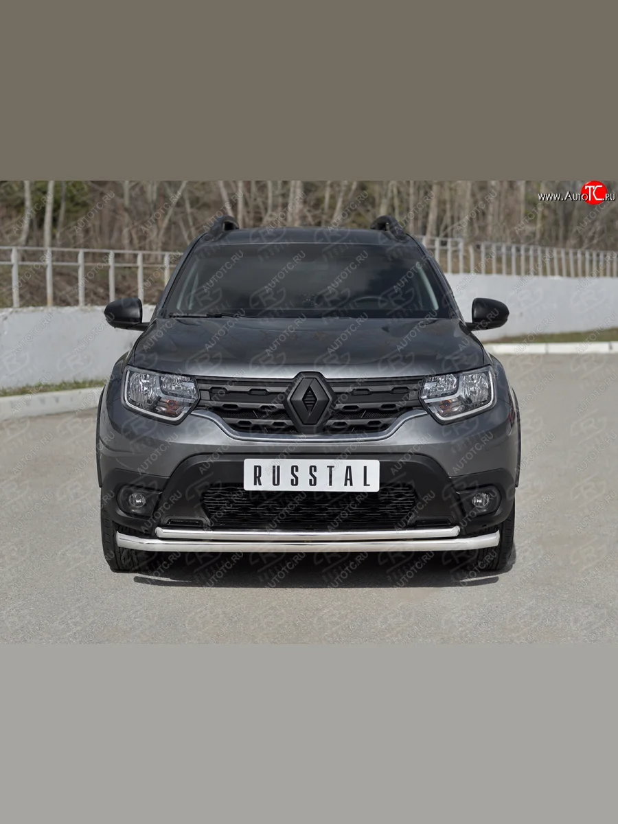 Защита переднего бампера (2 трубы Ø63 и 42 мм) SLITKOFF  Renault Duster (2021-2024) HM (полированная нержавейка)  в Керчи Республика Крым